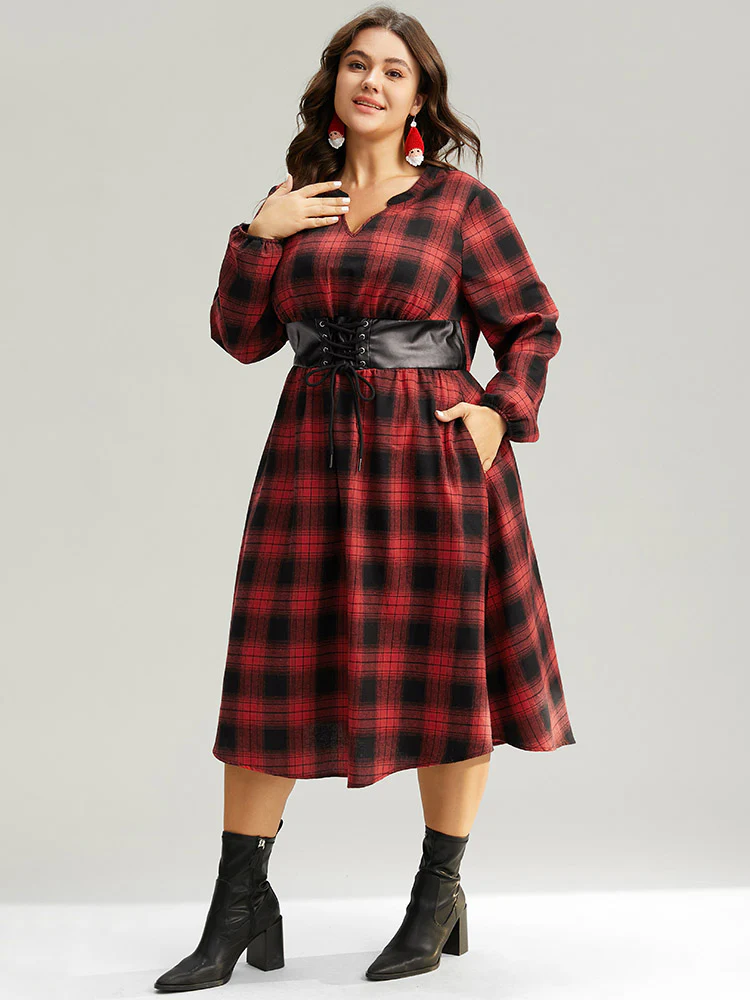 Plaid Lace Up PU Leather Notched Dress - Image 4