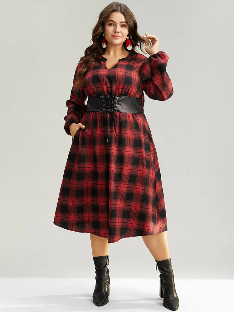Plaid Lace Up PU Leather Notched Dress - Image 5