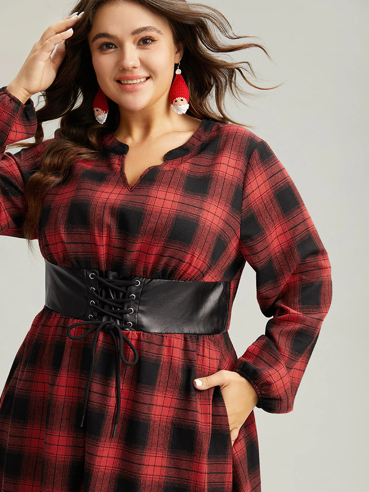 Plaid Lace Up PU Leather Notched Dress - Image 6