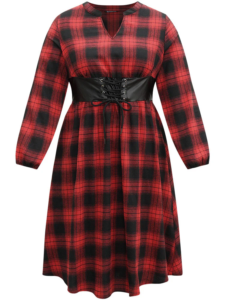 Plaid Lace Up PU Leather Notched Dress - Image 7