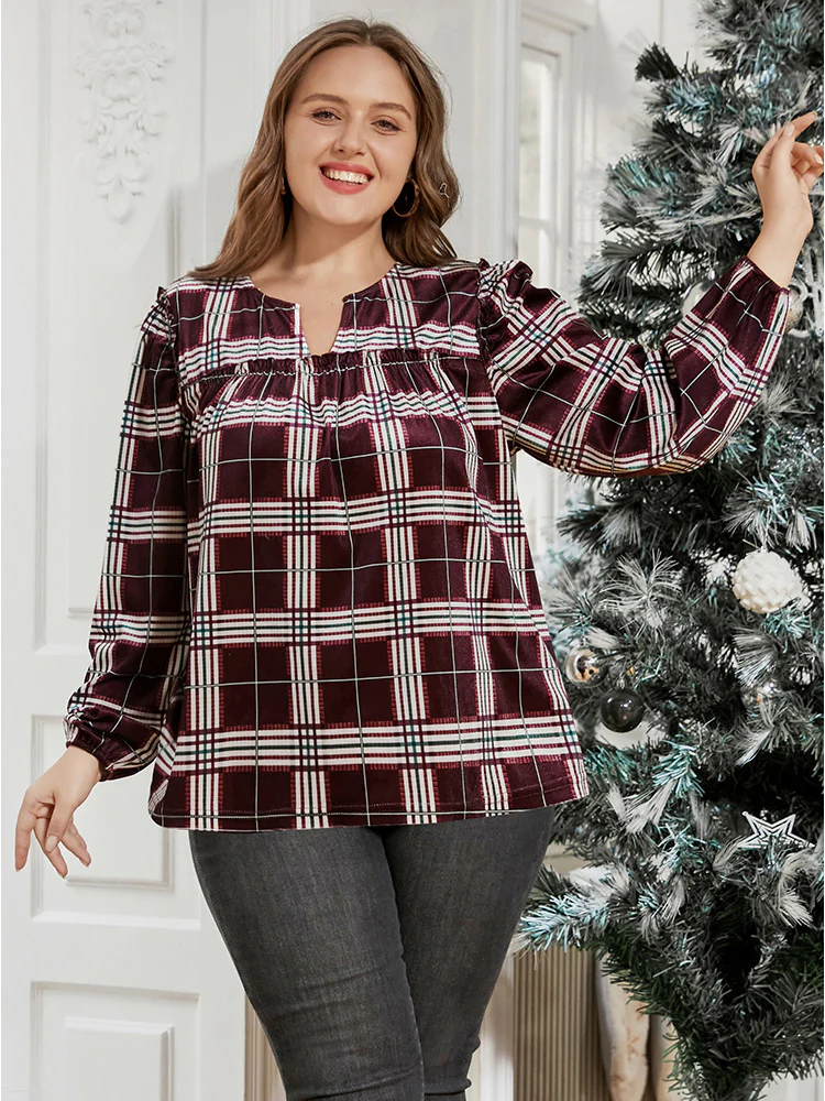 Plaid Lantern Sleeve Notched T-shirt - Image 2