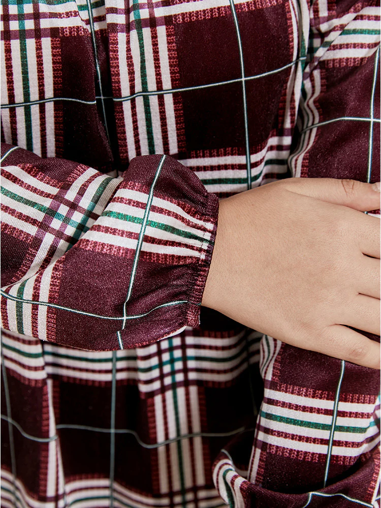 Plaid Lantern Sleeve Notched T-shirt - Image 3