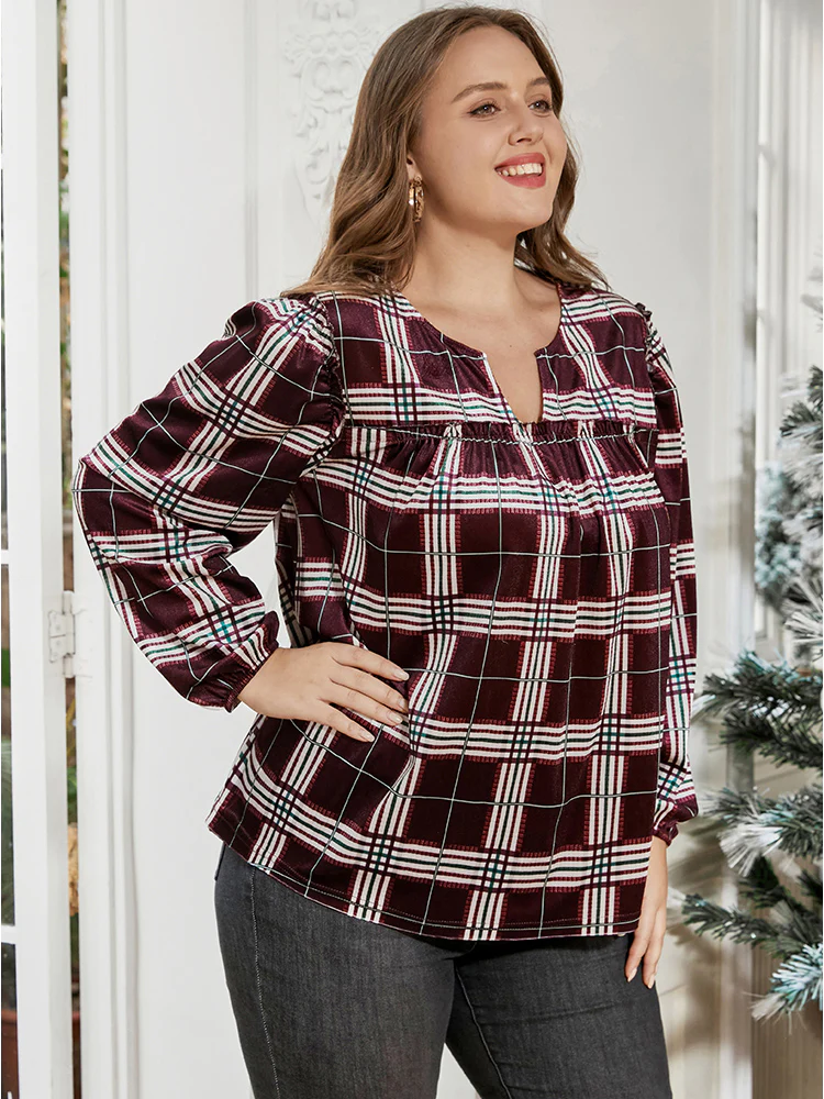 Plaid Lantern Sleeve Notched T-shirt - Image 4