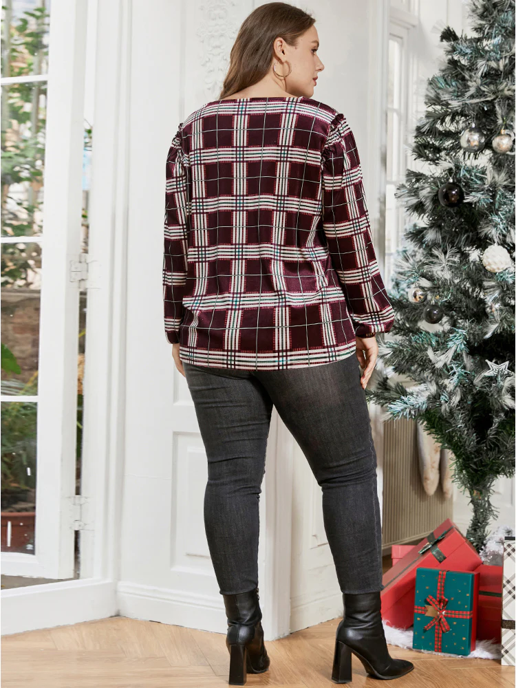 Plaid Lantern Sleeve Notched T-shirt - Image 6
