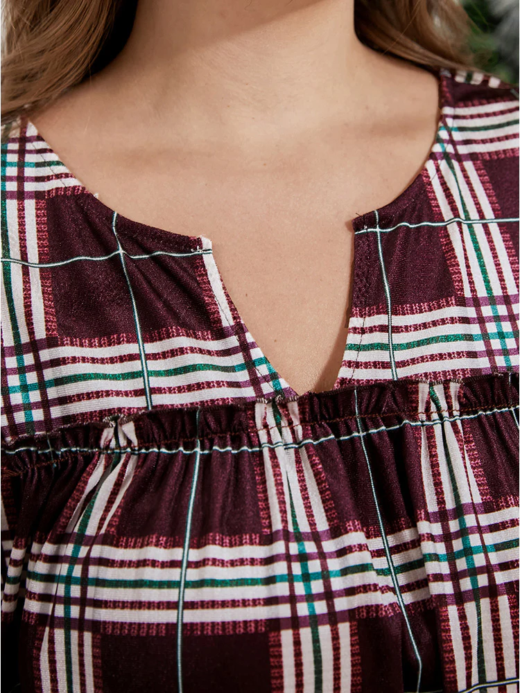Plaid Lantern Sleeve Notched T-shirt - Image 7