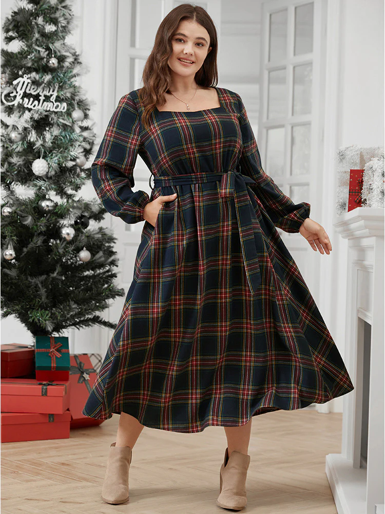 Plaid Lantern Sleeve Pocket Belted Square Neck Dress - Image 2