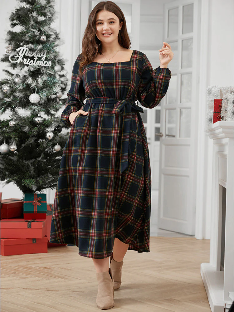 Plaid Lantern Sleeve Pocket Belted Square Neck Dress - Image 3