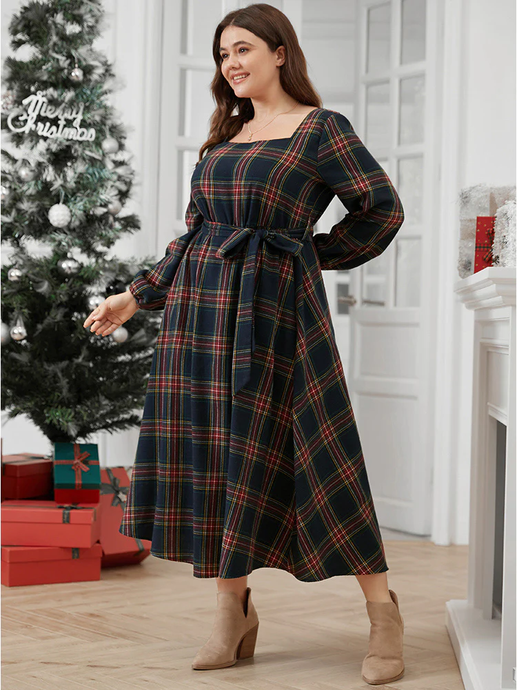 Plaid Lantern Sleeve Pocket Belted Square Neck Dress - Image 4