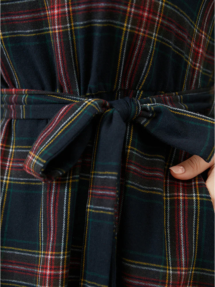 Plaid Lantern Sleeve Pocket Belted Square Neck Dress - Image 5