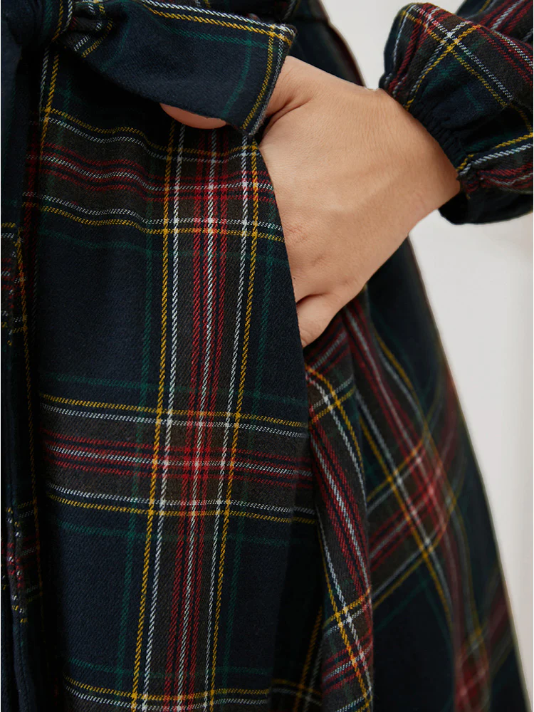 Plaid Lantern Sleeve Pocket Belted Square Neck Dress - Image 7