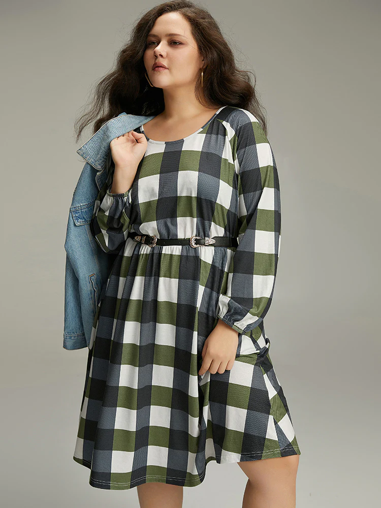 Plaid Lantern Sleeve Ruffle Hem Dress - Image 3