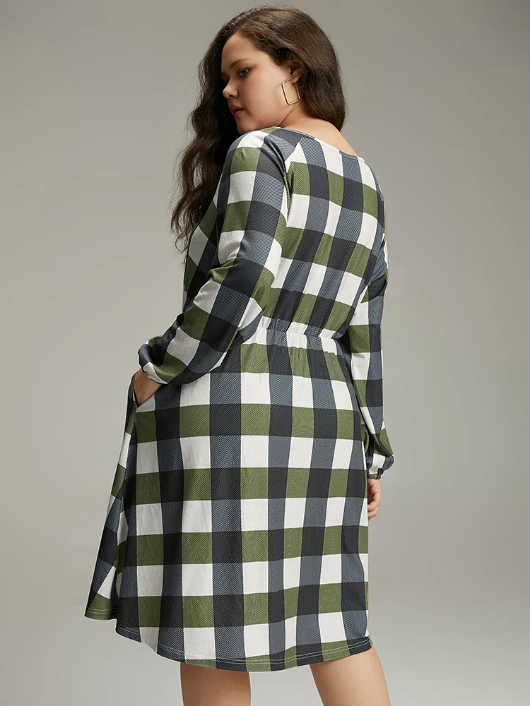 Plaid Lantern Sleeve Ruffle Hem Dress - Image 4