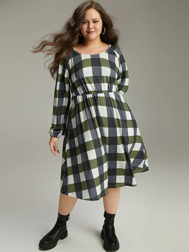 Plaid Lantern Sleeve Ruffle Hem Dress - Image 5