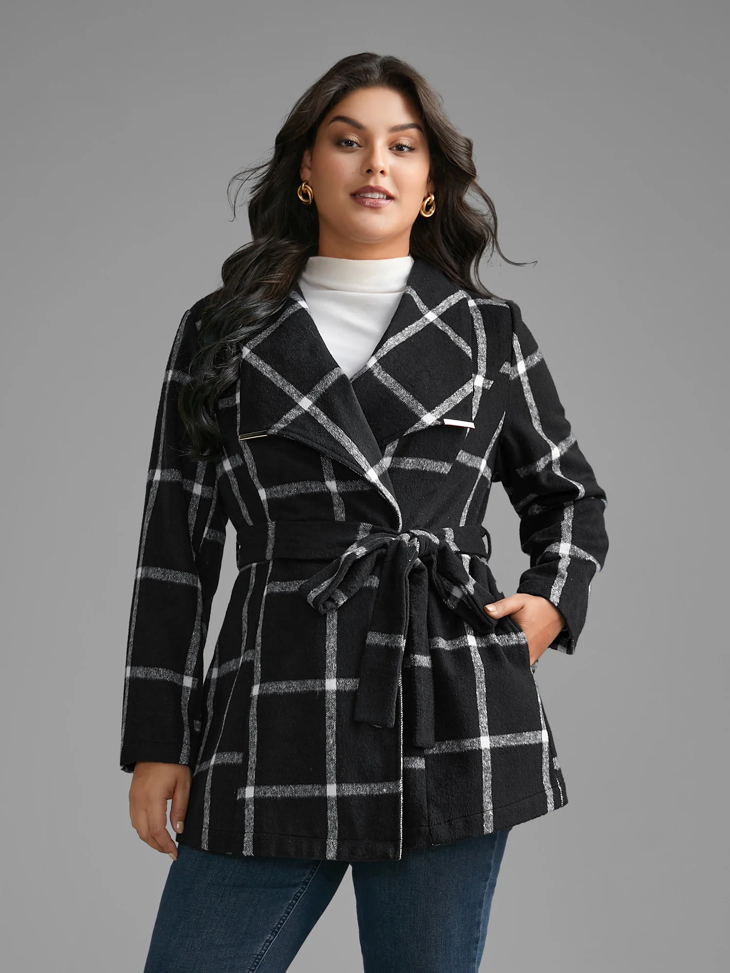 Plaid Lapel Collar Belted Jacket - Image 2
