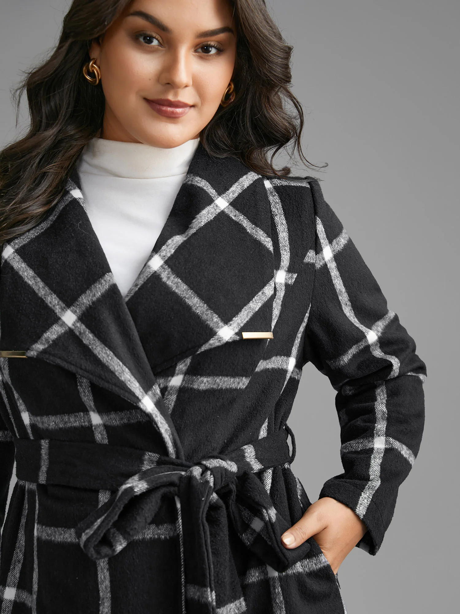 Plaid Lapel Collar Belted Jacket - Image 3