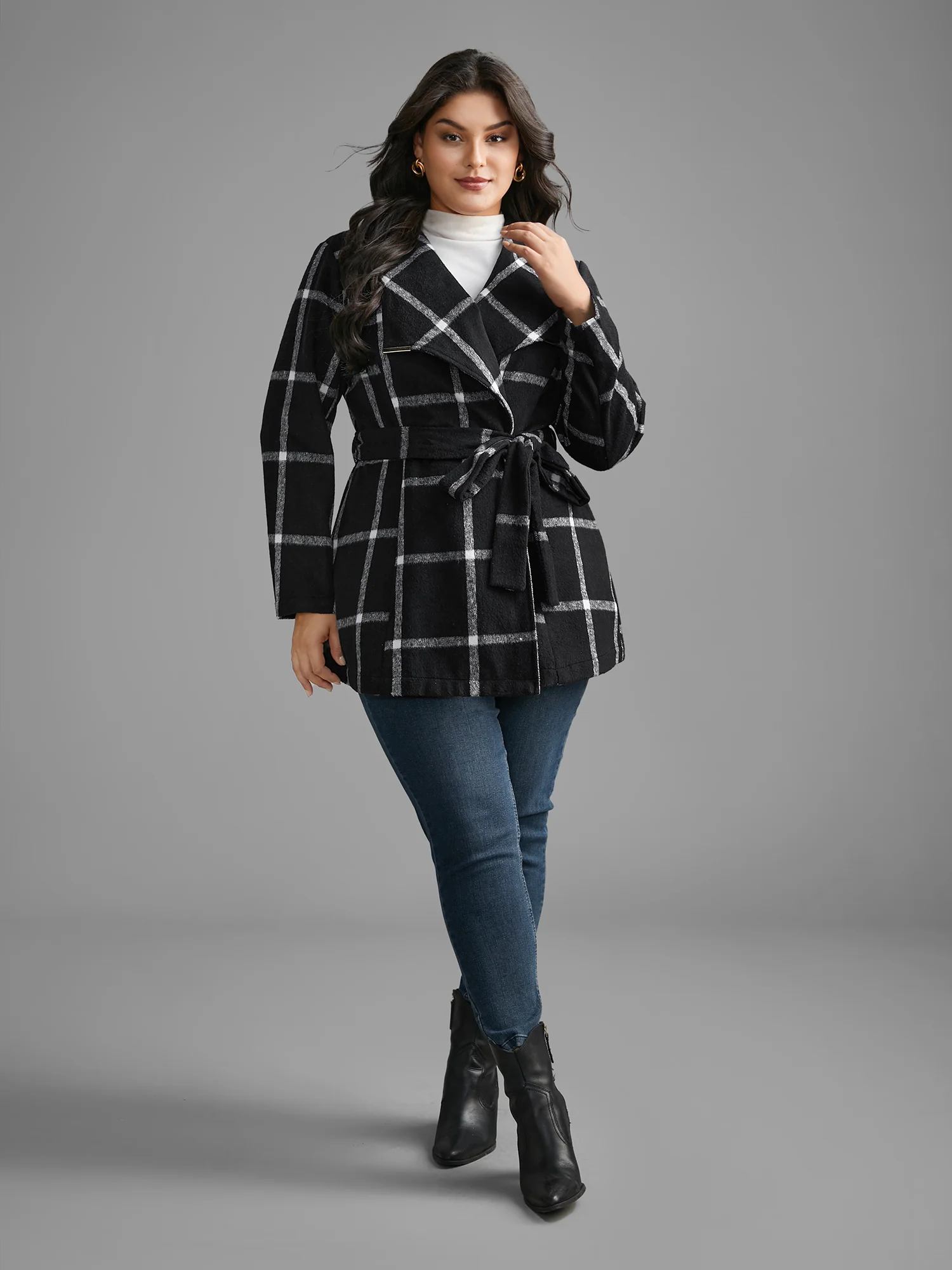 Plaid Lapel Collar Belted Jacket - Image 4