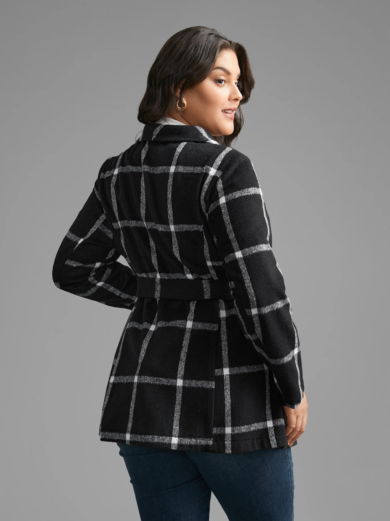 Plaid Lapel Collar Belted Jacket - Image 5