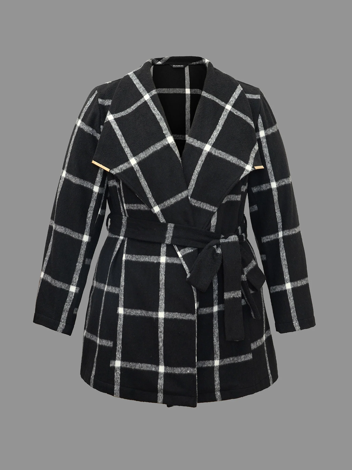 Plaid Lapel Collar Belted Jacket - Image 8