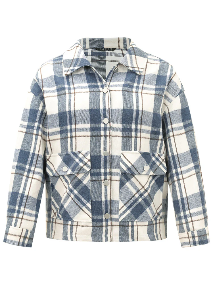 Plaid Lapel Collar Metal Detail Pocket Shacket - Image 10