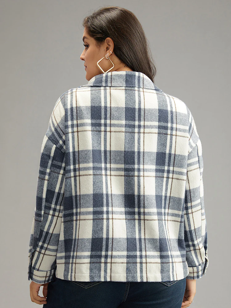 Plaid Lapel Collar Metal Detail Pocket Shacket - Image 2