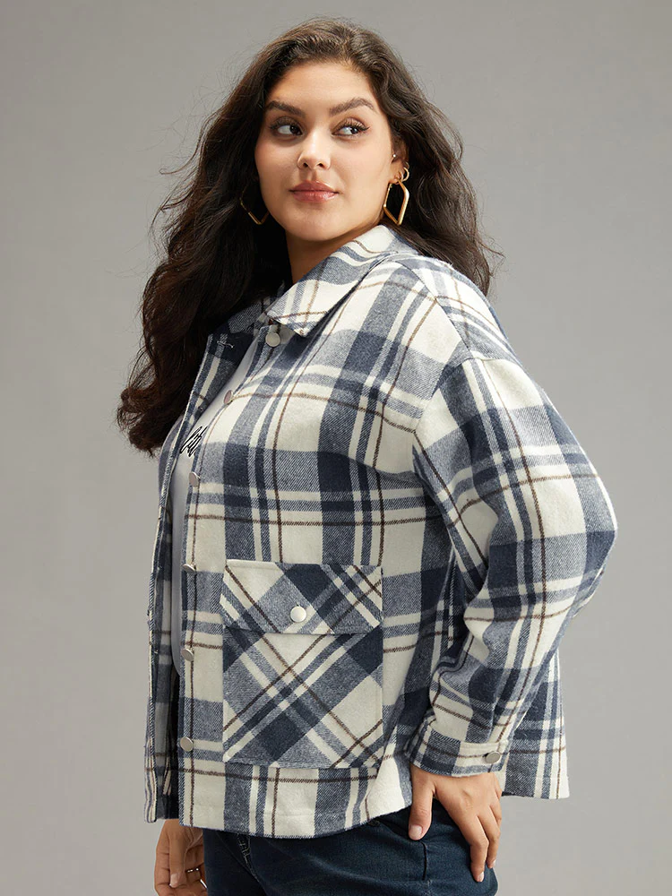 Plaid Lapel Collar Metal Detail Pocket Shacket - Image 3