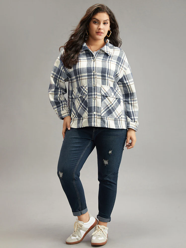 Plaid Lapel Collar Metal Detail Pocket Shacket - Image 4