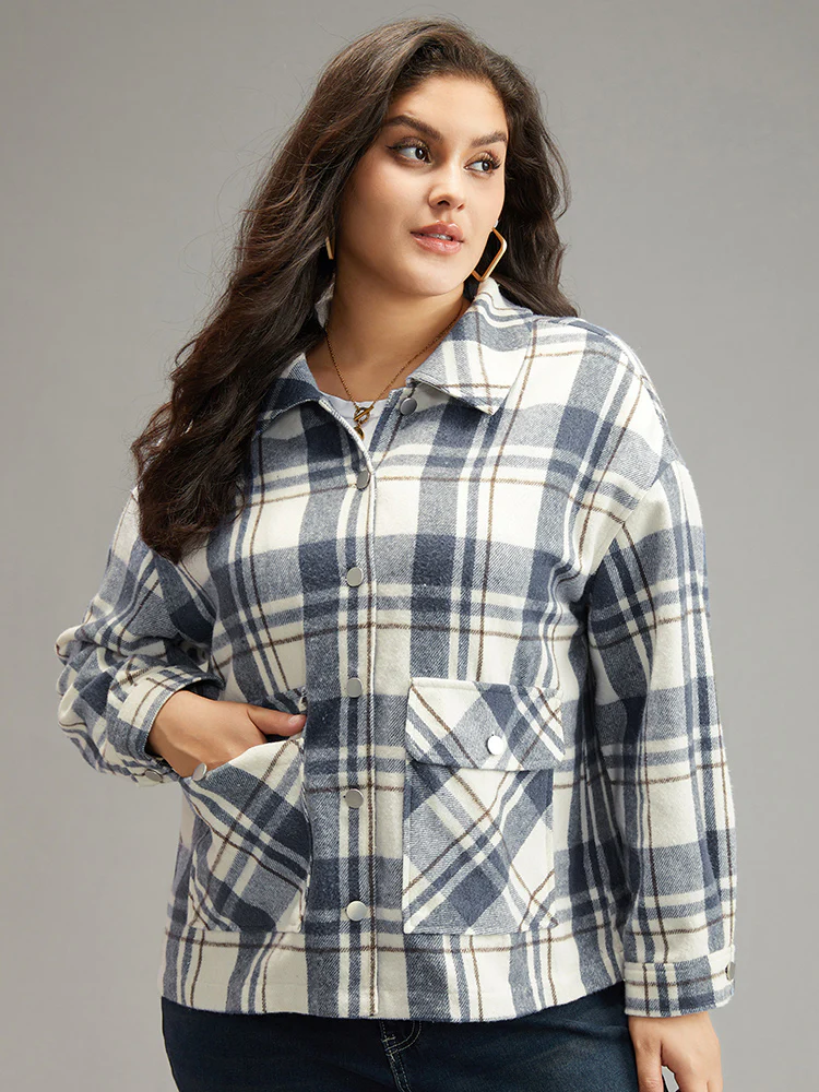 Plaid Lapel Collar Metal Detail Pocket Shacket - Image 5