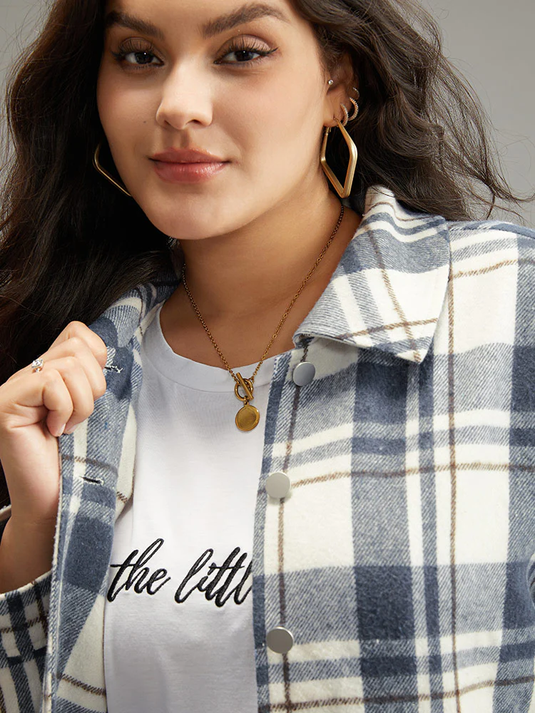 Plaid Lapel Collar Metal Detail Pocket Shacket - Image 7