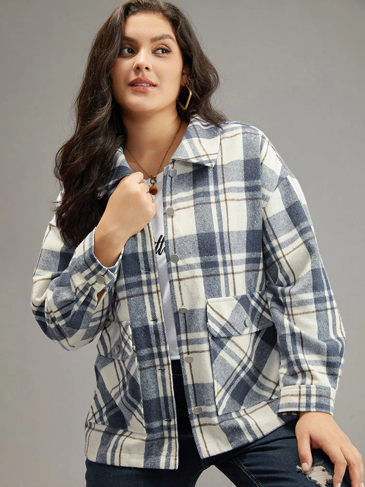 Plaid Lapel Collar Metal Detail Pocket Shacket - Image 9