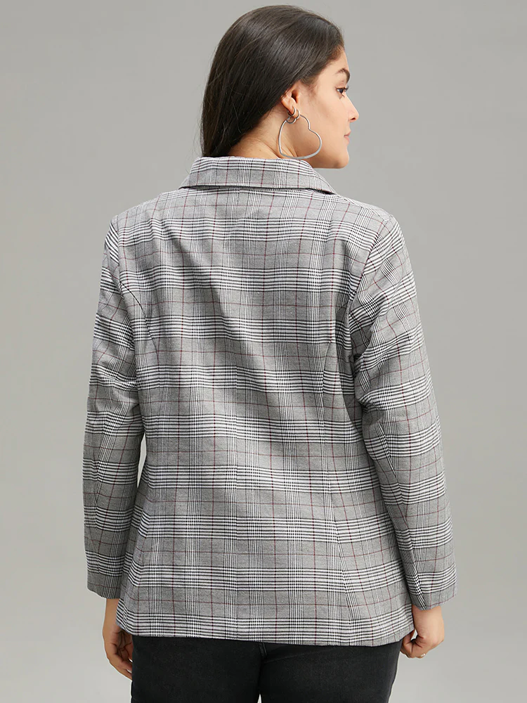 Plaid Lapel Collar Pocket Button Up Blazer - Image 2