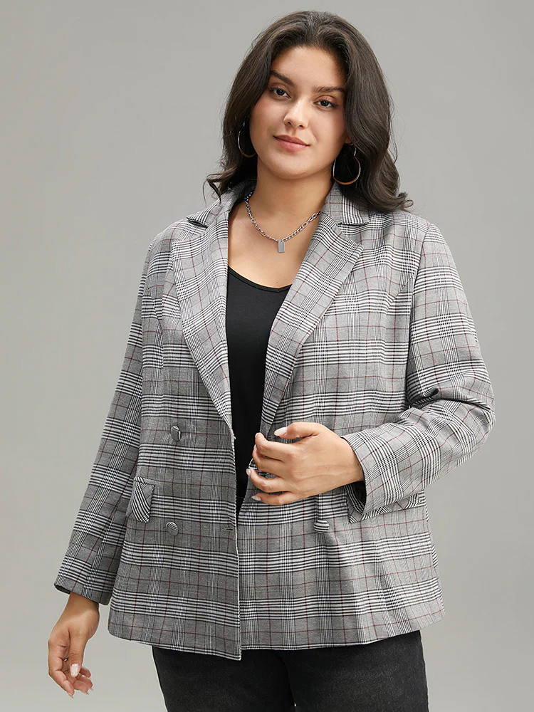 Plaid Lapel Collar Pocket Button Up Blazer - Image 4