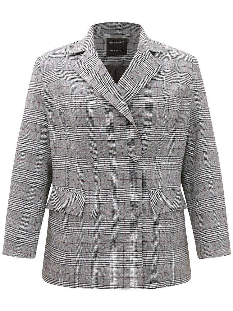Plaid Lapel Collar Pocket Button Up Blazer - Image 7