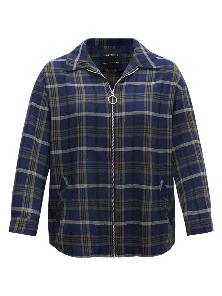 Plaid Lapel Collar Pocket Zipper Fly Coat - Image 10