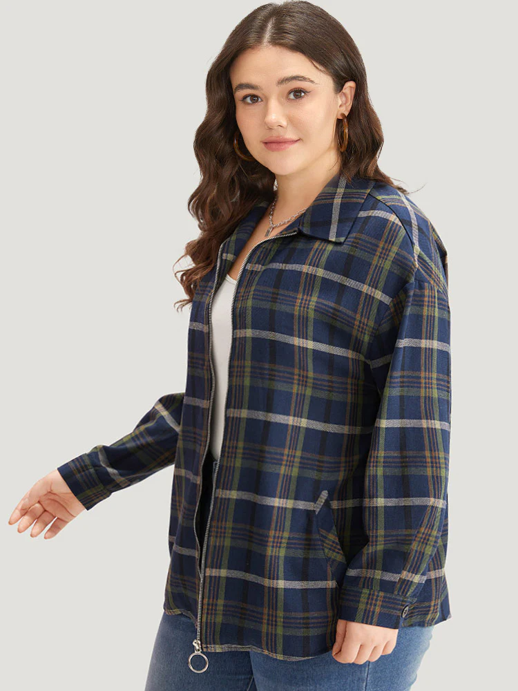 Plaid Lapel Collar Pocket Zipper Fly Coat - Image 3
