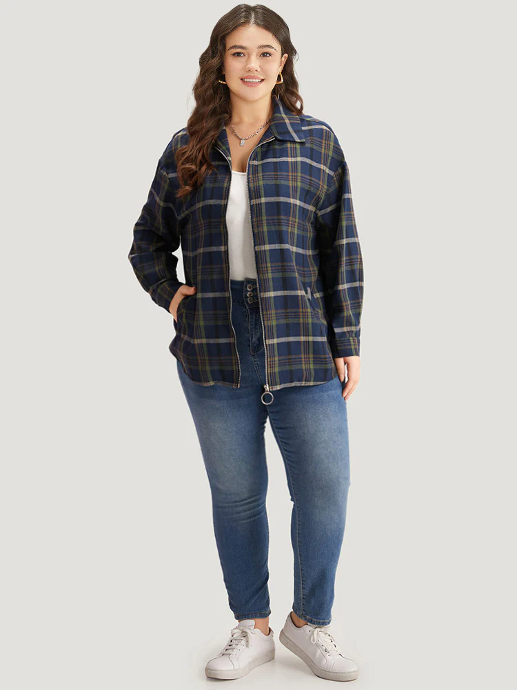 Plaid Lapel Collar Pocket Zipper Fly Coat - Image 4