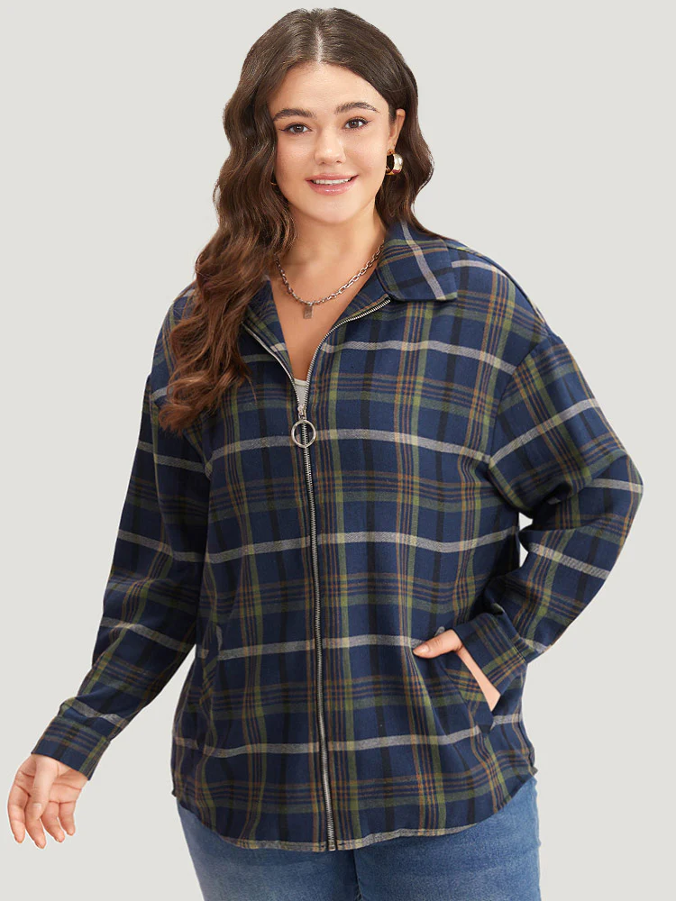 Plaid Lapel Collar Pocket Zipper Fly Coat - Image 5