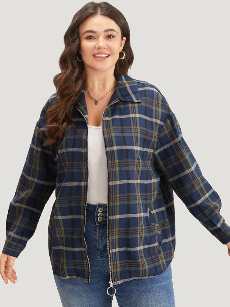 Plaid Lapel Collar Pocket Zipper Fly Coat - Image 6