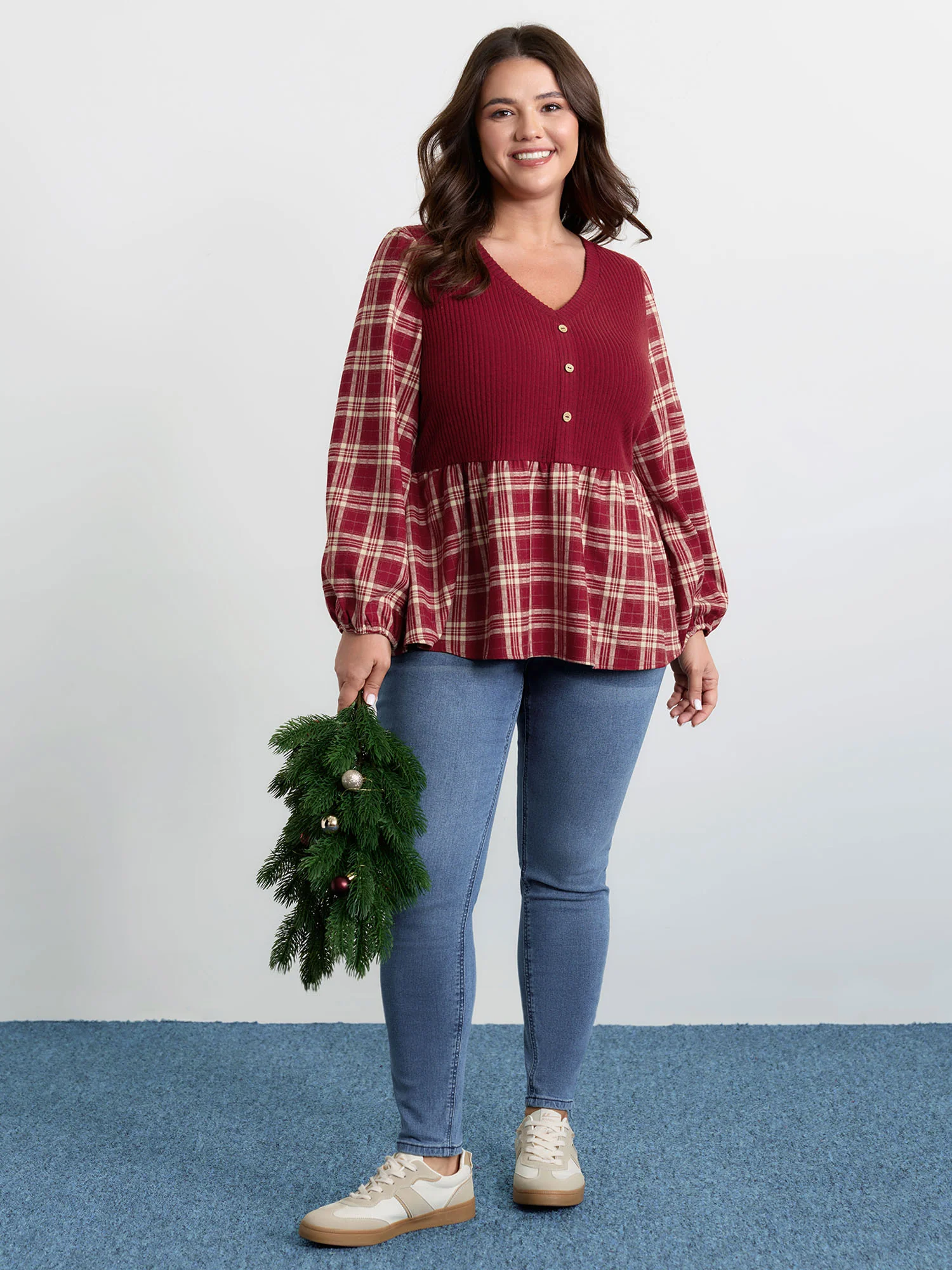 Plaid Layered Color Contrast Blouse - Image 2