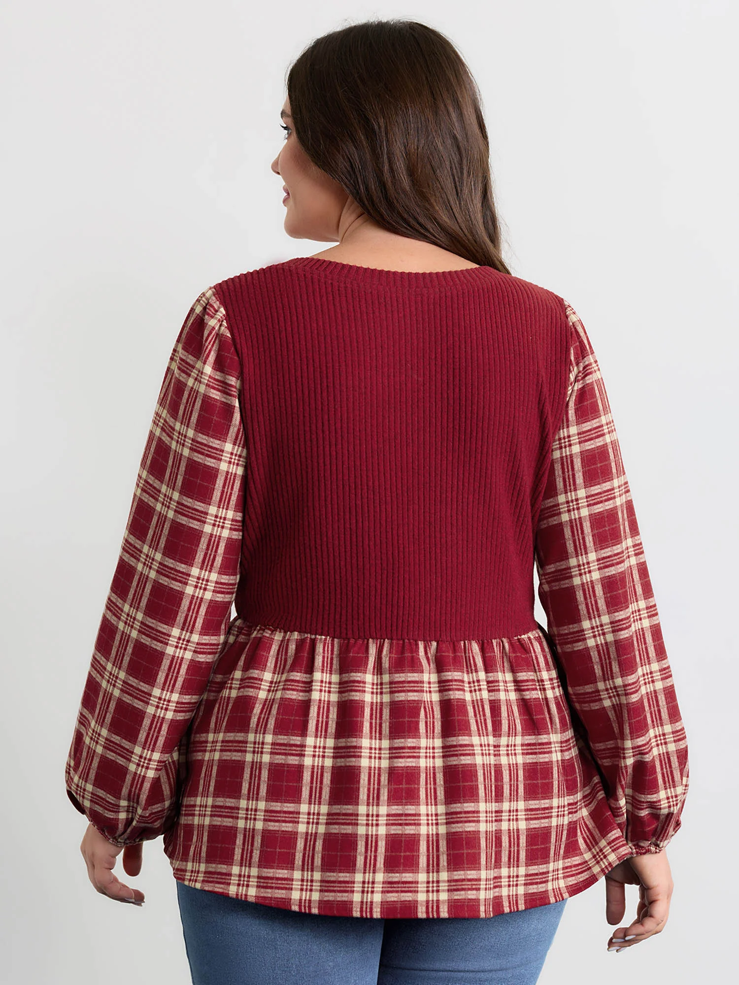 Plaid Layered Color Contrast Blouse - Image 5