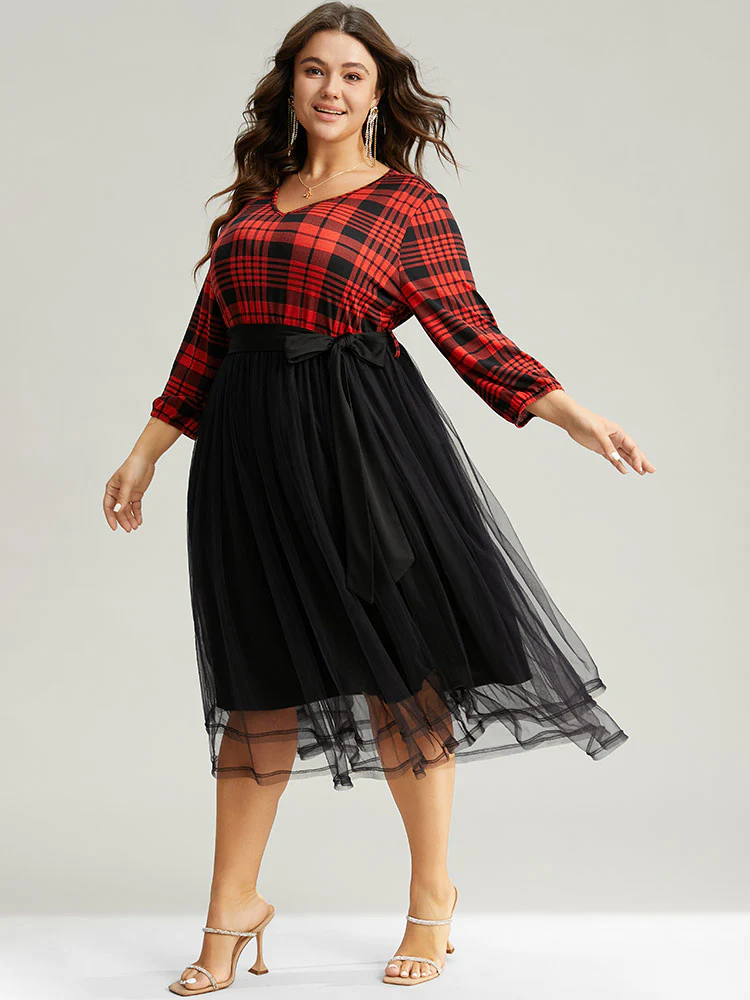 Plaid Mesh Patchwork Elastic Waist Belted Dress - Image 2