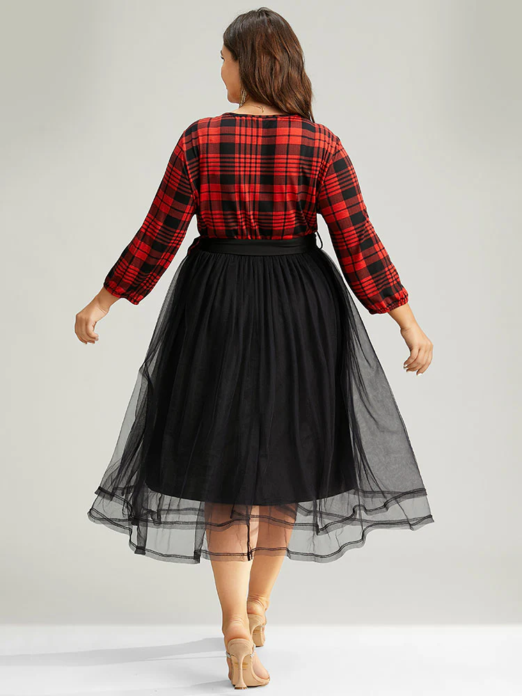 Plaid Mesh Patchwork Elastic Waist Belted Dress - Image 3