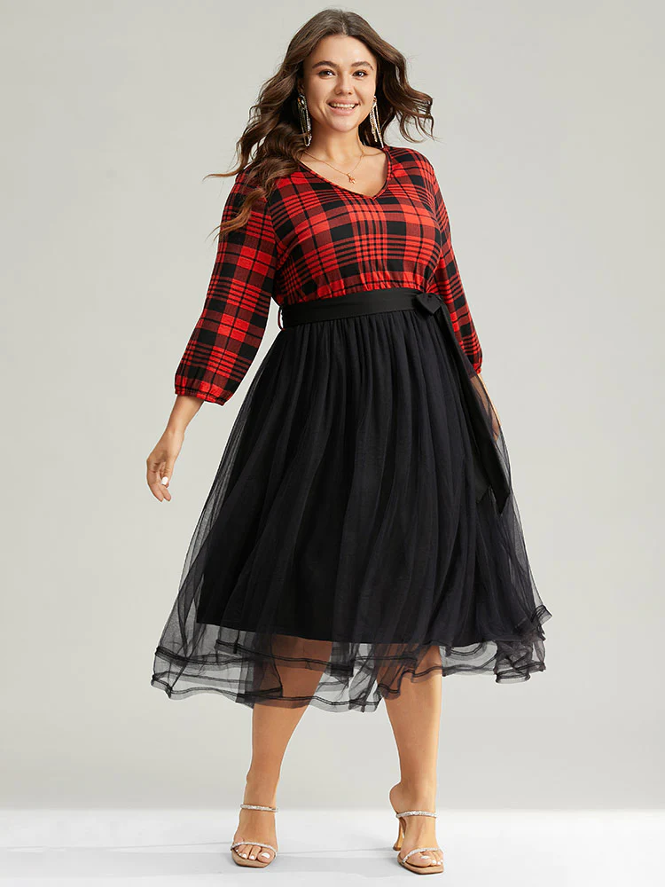 Plaid Mesh Patchwork Elastic Waist Belted Dress - Image 4