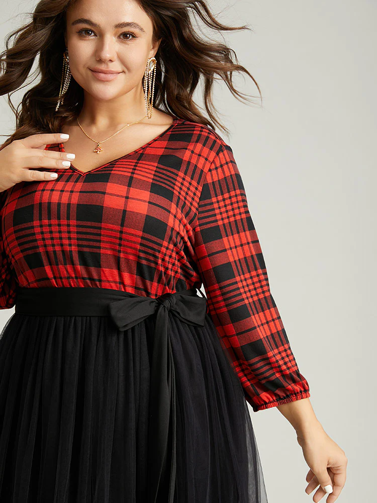 Plaid Mesh Patchwork Elastic Waist Belted Dress - Image 5