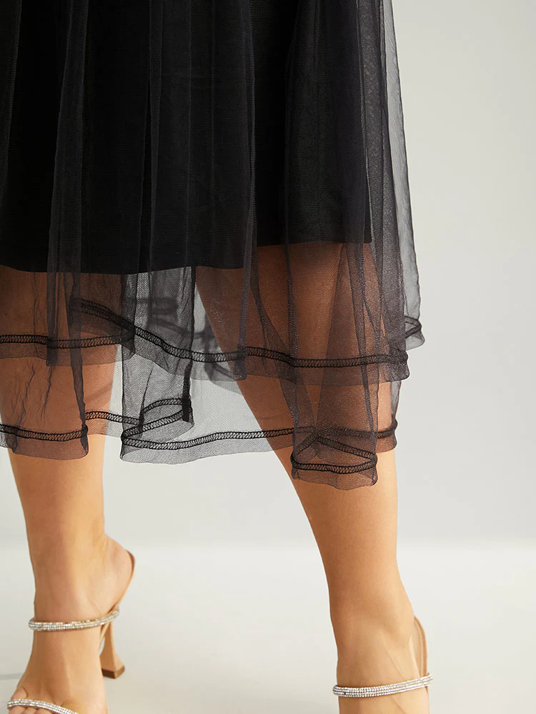 Plaid Mesh Patchwork Elastic Waist Belted Dress - Image 6