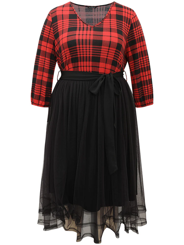 Plaid Mesh Patchwork Elastic Waist Belted Dress - Image 7