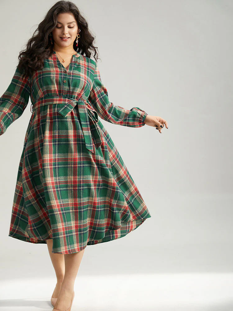 Plaid Notched Belted Pocket Curved Hem Dress - Image 2
