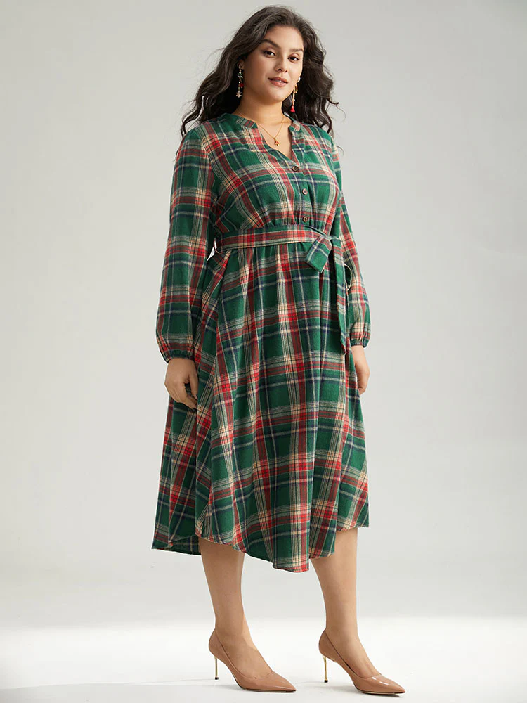 Plaid Notched Belted Pocket Curved Hem Dress - Image 4