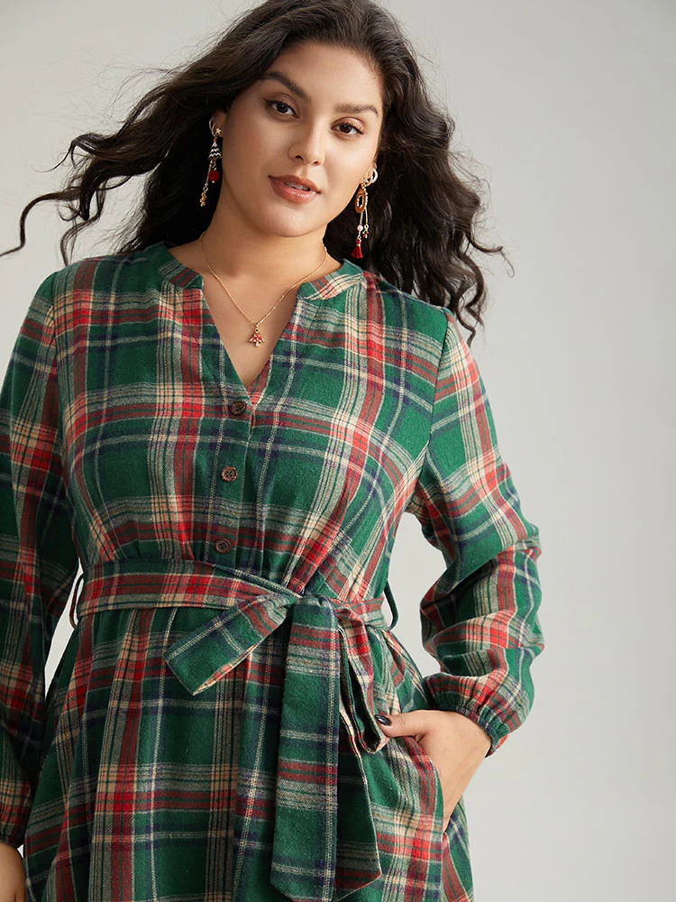 Plaid Notched Belted Pocket Curved Hem Dress - Image 6