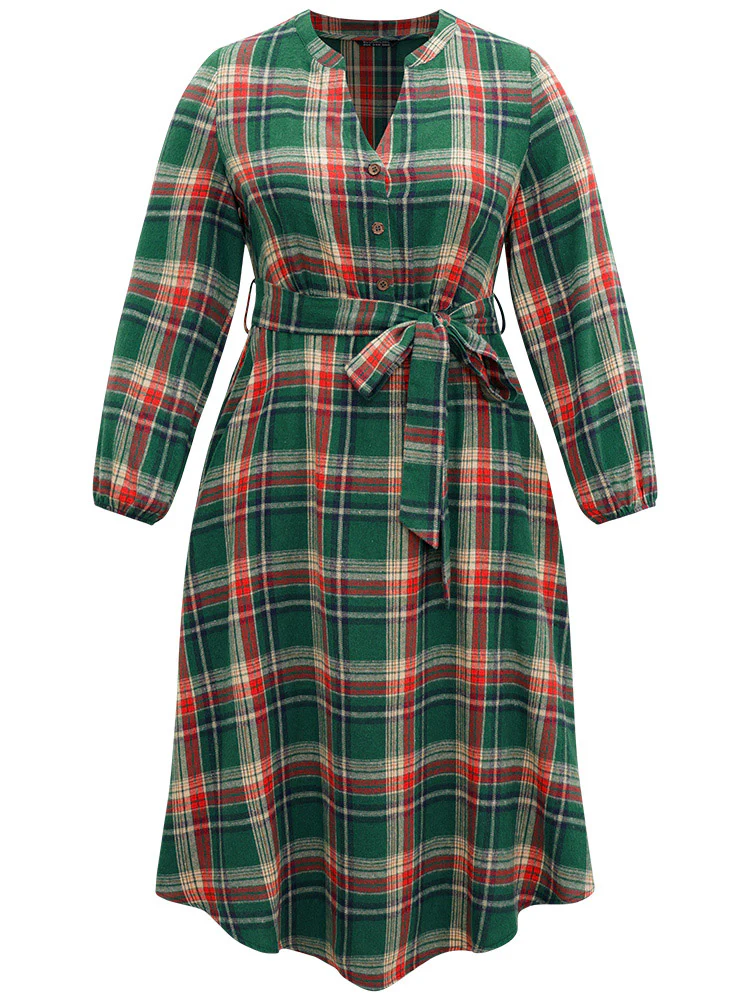 Plaid Notched Belted Pocket Curved Hem Dress - Image 7