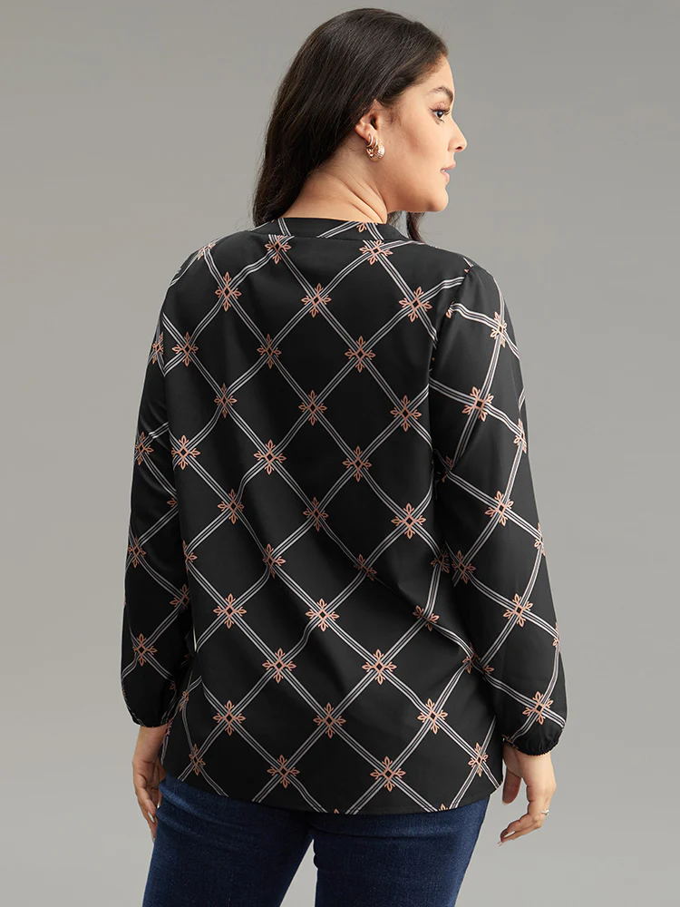 Plaid Notched Elastic Cuffs Blouse - Image 2